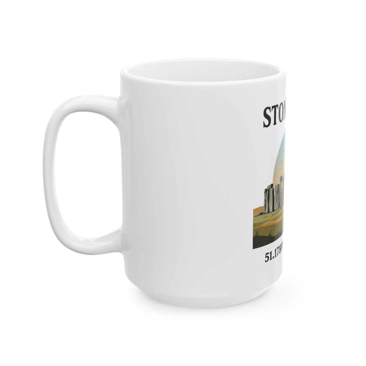 Stonehenge Ceramic Mug — Retro Illustration with Coordinates (11oz, 15oz)