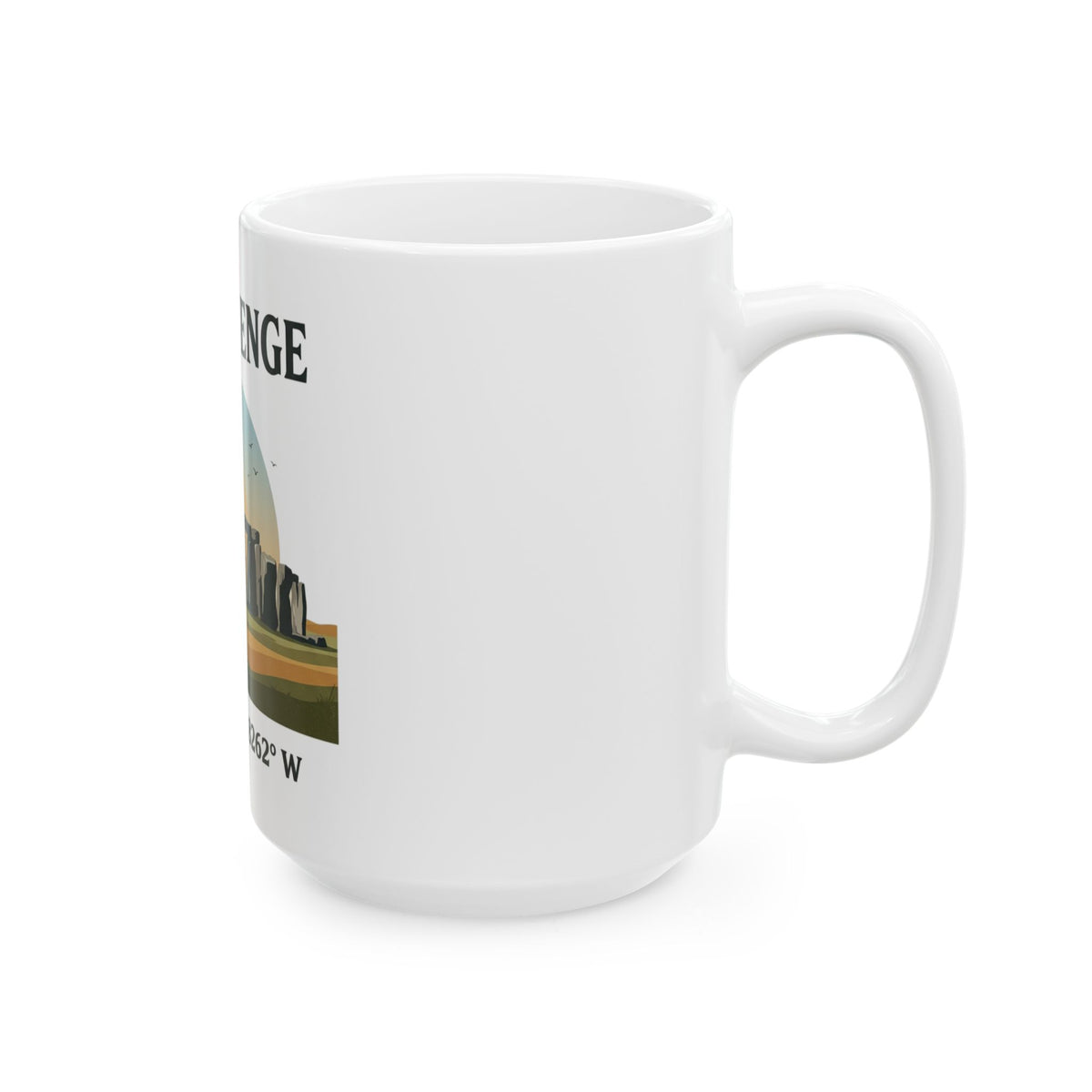 Stonehenge Ceramic Mug — Retro Illustration with Coordinates (11oz, 15oz)