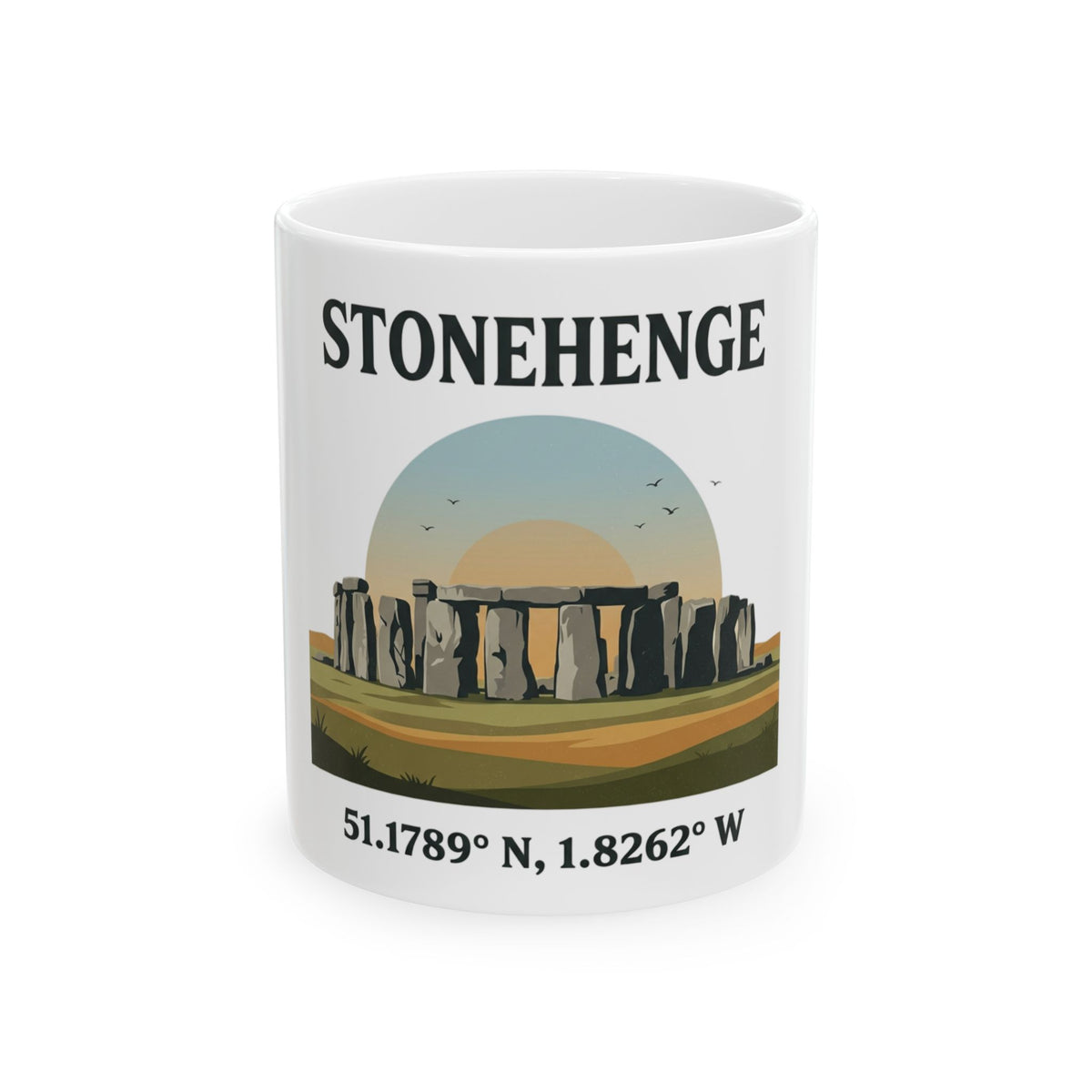 Stonehenge Ceramic Mug — Retro Illustration with Coordinates (11oz, 15oz)