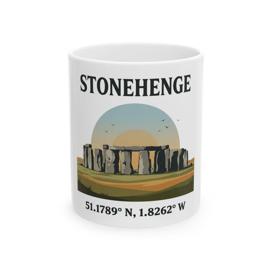 Stonehenge Ceramic Mug — Retro Illustration with Coordinates (11oz, 15oz)