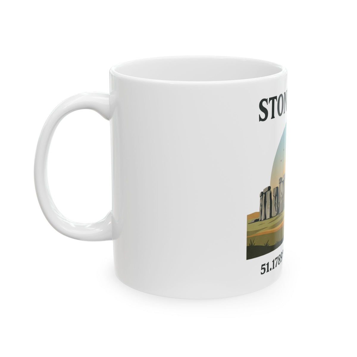 Stonehenge Ceramic Mug — Retro Illustration with Coordinates (11oz, 15oz)