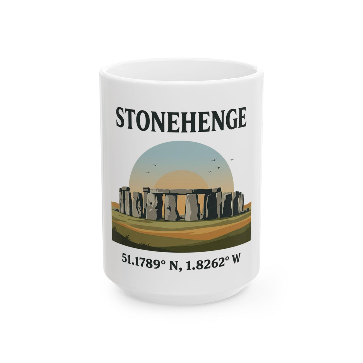 Stonehenge Ceramic Mug — Retro Illustration with Coordinates (11oz, 15oz)